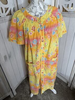 VTG 90s Moon Dance Short Sleeve Neon Floral Hippie House Coat Pearl Snap Large